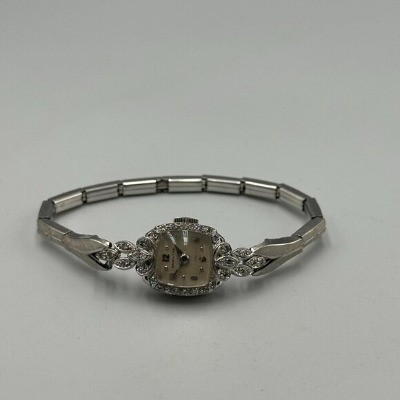 Vintage Hamilton Dinhofer Watch Women Platinum Diamond Bezel Manual Stretch main image 6